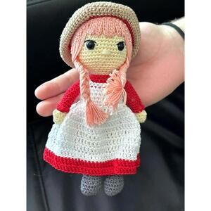 Boho Crochet Girl Doll Red Braids Apron Dress Handmade Farmhouse Amigurumi